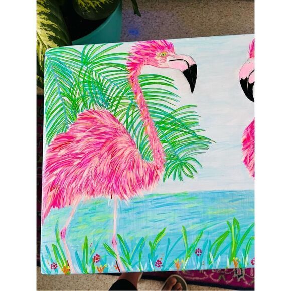 Flamingo Tray Table Hand Painted Coastal Original Vintage Rare Wood L19” W14” H2 - Picture 4 of 16